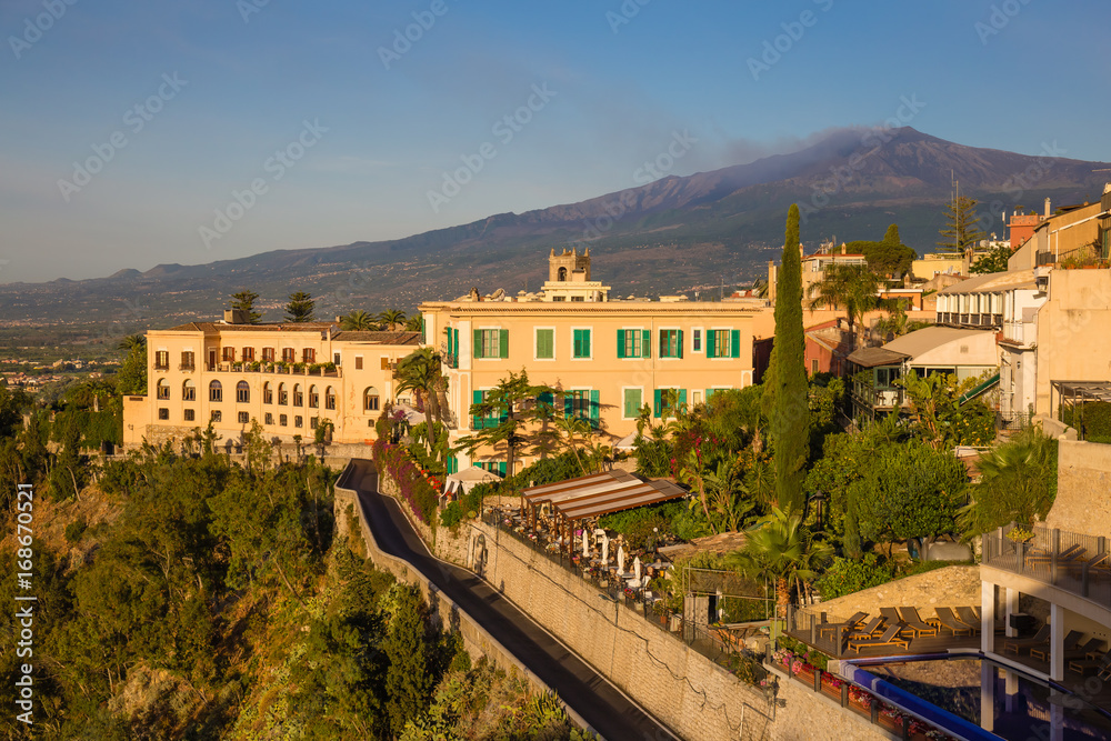 Panoramic sea view from Taormina main square Piazza 9 Aprile, overlooking Giardini Naxos bay, Taormina, Sicily, Italy