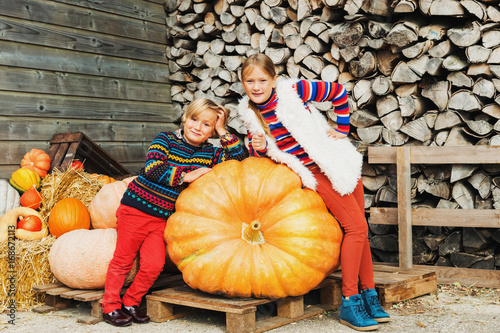 Obraz na plátne Little brother and sister on farm market choosing halloween pumpkin