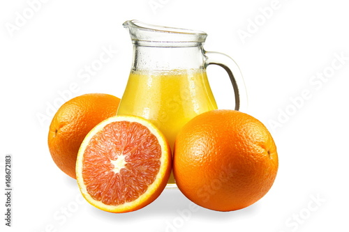Delicious orange juice in jug with fruits isolated on white background