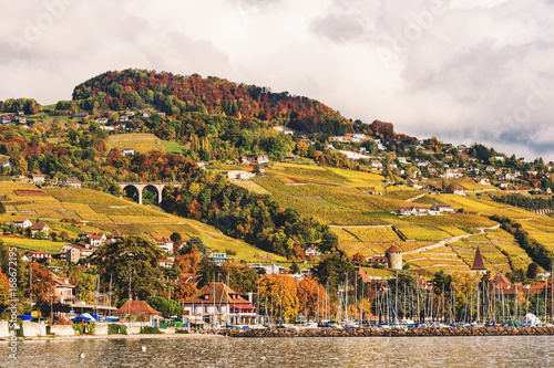 Autumn landscape of Lake Geneva, Lavaux vineyards, Switzerland