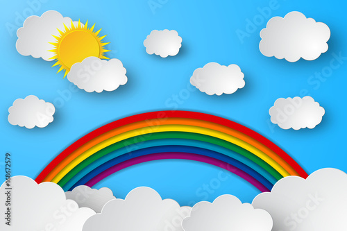 Blue sky vector background with clouds, sun and rainbow