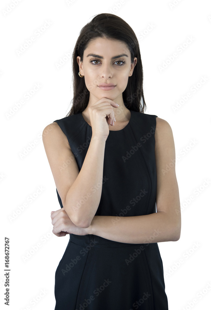 Thoughtful businesswoman with a finger under chin. Thoughtful businesswoman with a finger under chin.