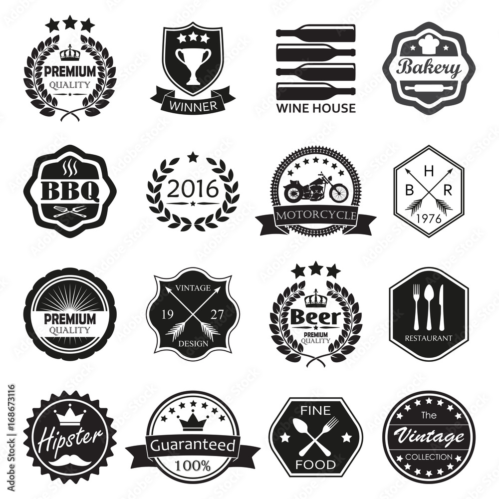 Labels and  badges set. Vintage design elements and retro style banners, shields, emblems. Vector illustration.
