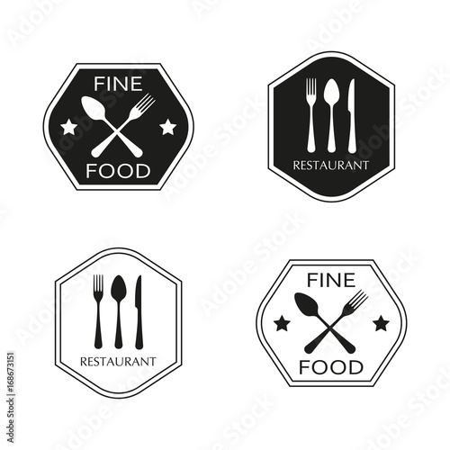 Restaurant and food emblem or label set with spoon, fork and knife flat icons. Kitchen utensils. Vector illustration.