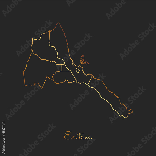 Eritrea region map: golden gradient outline on dark background. Detailed map of Eritrea regions. Vector illustration.