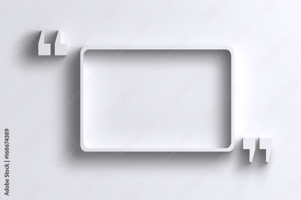 3D empty quotation marks frame on white wall - obrazy, fototapety, plakaty 