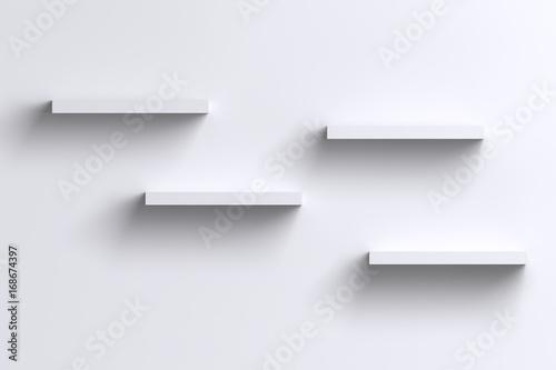 Fototapeta Naklejka Na Ścianę i Meble -  3D empty horizontal shelves on white wall with shadow