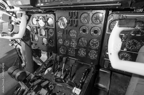 Cabin aircraft. Steering wheel pilot. Dashboard aircraft.