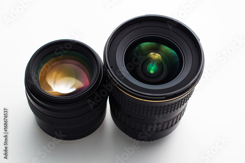 close-up view of a camera lenses on a white background