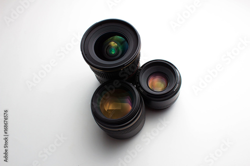 close-up view  of a camera lenses on a white background