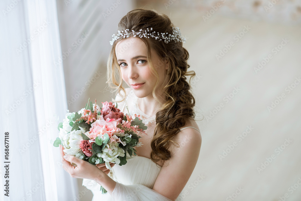 Brunette bride in fashion white wedding dress with makeup Brunette bride in fashion white wedding dress with makeup
