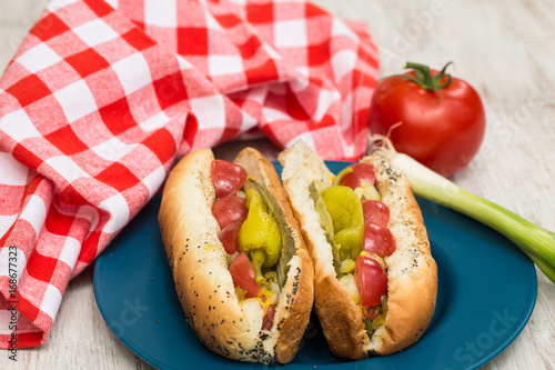 Delicious Hot Dogs On Plate With Onion and Tomato
