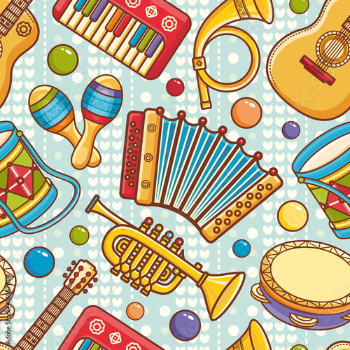 Musical instrument seamless pattern. Cartoon style