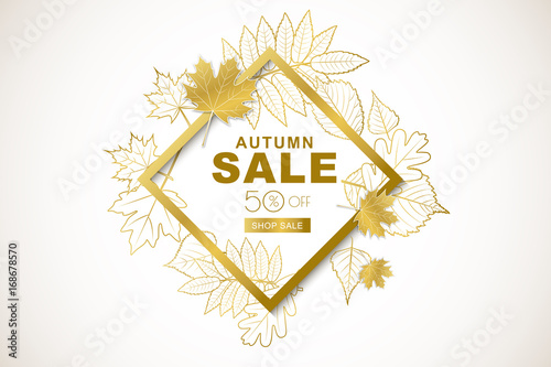 Autumn sale horizontal banner with isolated golden frame and gold outline autumn leaves. Vector fall poster background. Layout for discount labels, flyers and shopping.