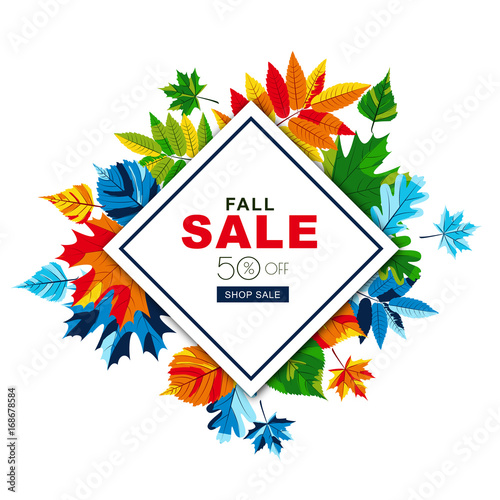 Autumn sale banners with isolated frame and multicolor autumn leaves. Vector ...