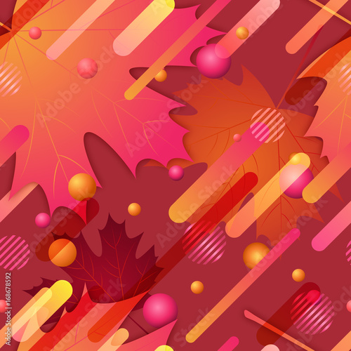 Autumn seamless pattern with paper maple leaves and motion geometric shapes. ...