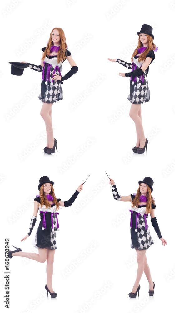 A girl in harlequin costume isolated on white A girl in harlequin costume isolated on white