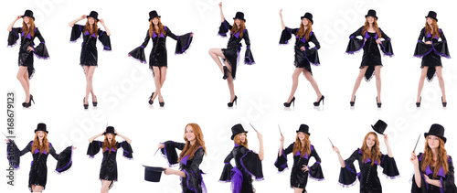 Pretty girl in purple carnival clothing and hat isolated on whit