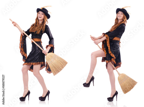 Fototapet Nice witch with broom on white