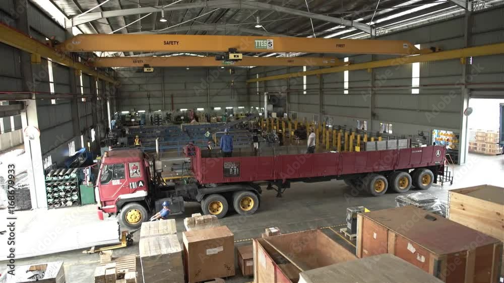 Warehouse With Workers, Yellow Crane And Red Trolly - Timelapse Warehouse With Workers, Yellow Crane And Red Trolly - Timelapse