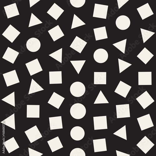 Seamless primitive jumble minimalism patterns. Randomly scattered geometric shapes. Abstract background design