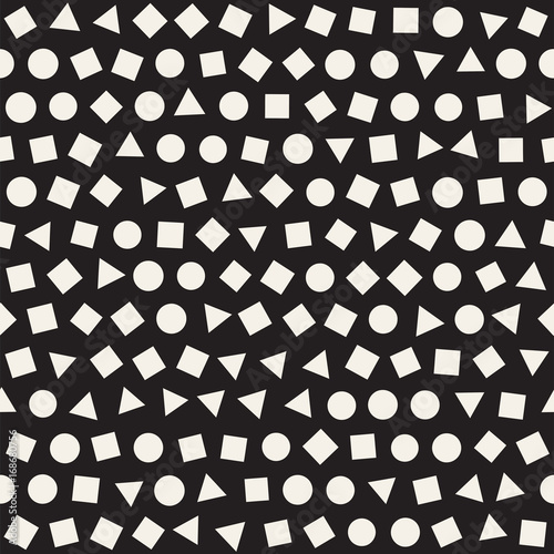 Seamless primitive jumble minimalism patterns. Randomly scattered geometric shapes. Abstract background design