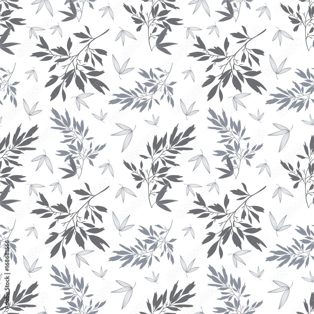 Fototapeta premium Vector dark grey white tropical leaves summer seamless pattern with tropical green, blue plants and leaves on white background. Great for vacation themed fabric, wallpaper, packaging.