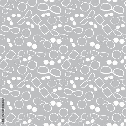 Vector grey and white glasses accessories seamless pattern. Great for eyewear themed fabric, wallpaper, packaging.