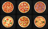 Six different pizza set for menu. Meat pizzas with 1) Pepperoni 2)Pepperoni and ham 3) Salami 4) Margarita 5)Pizza pepperoni deluxe 6)Pizza Hawaii.  