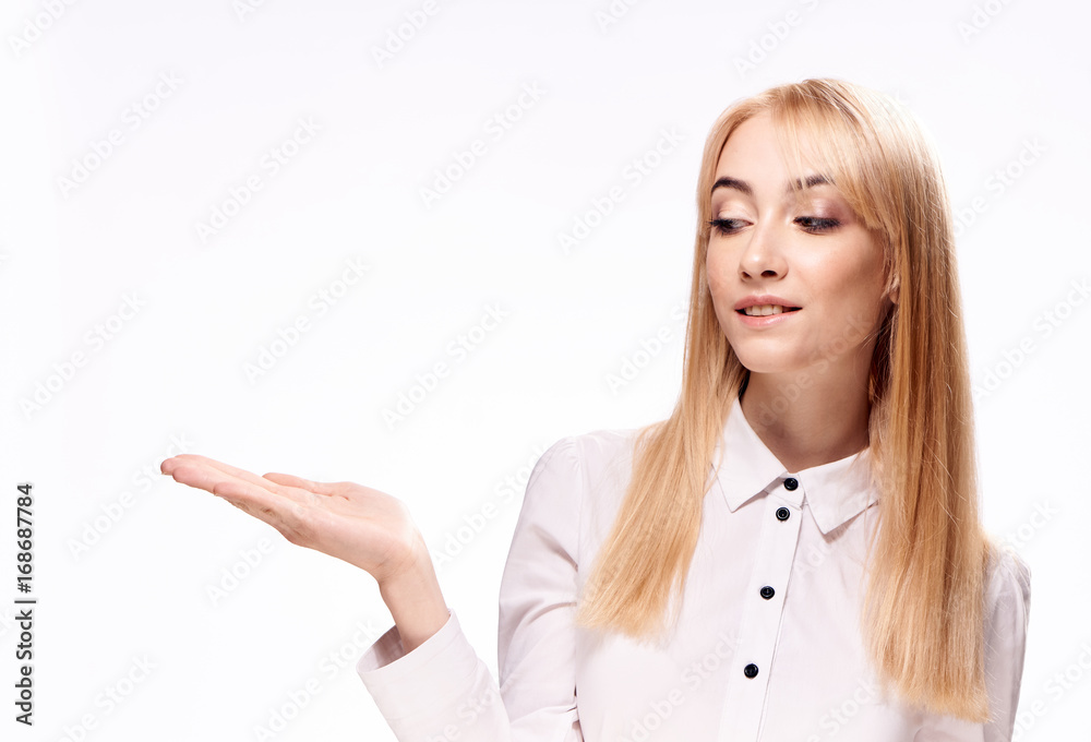 Woman on white isolated background shows on empty space, portrait, business Woman on white isolated background shows on empty space, portrait, business
