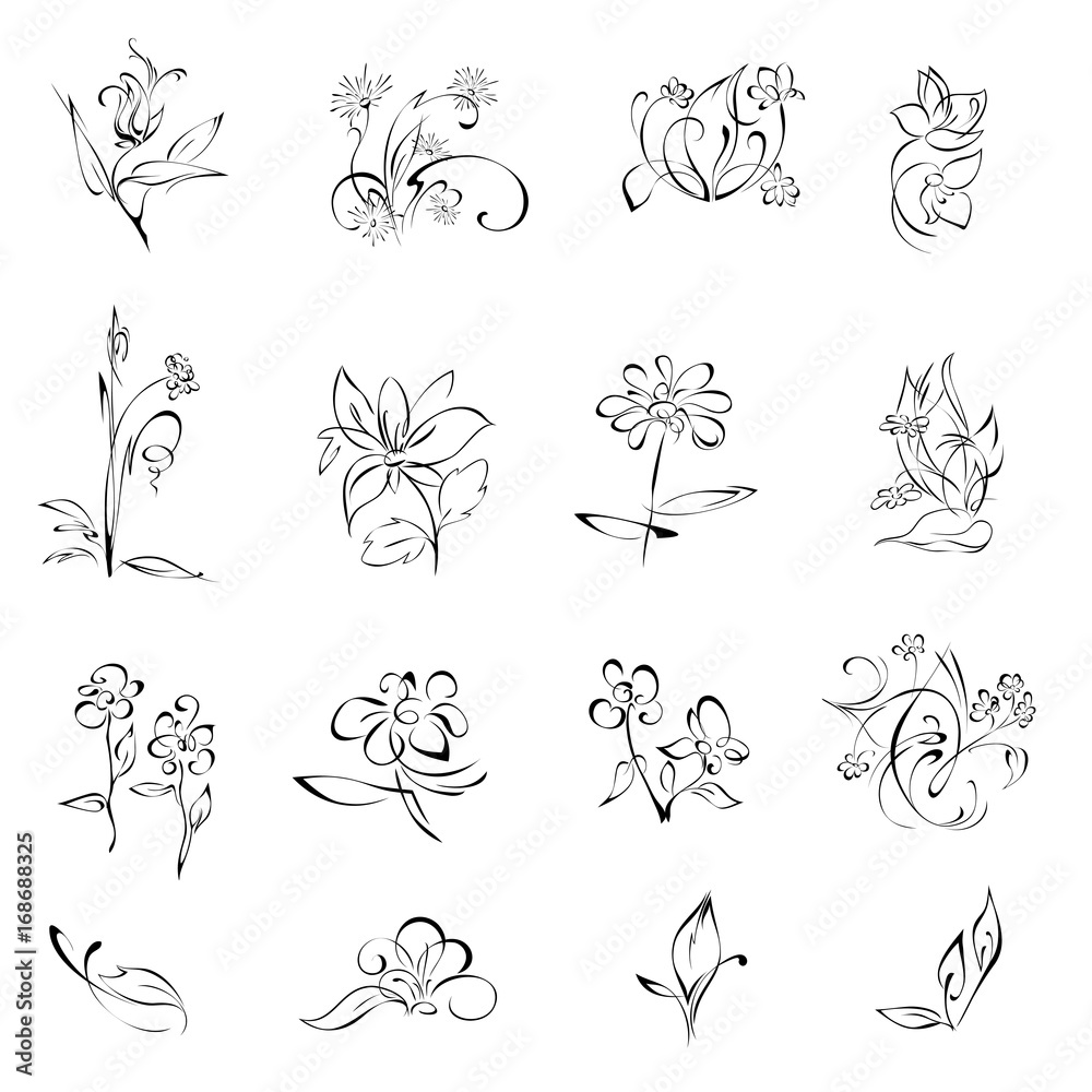 flowers 14. SET. stylized flowers in black lines on a white background. SET