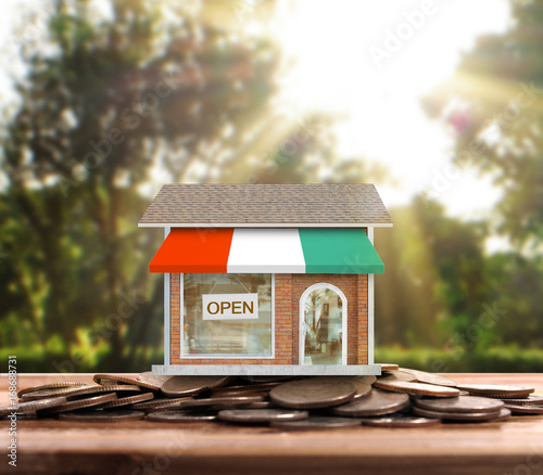 Small house standing on stacks coins