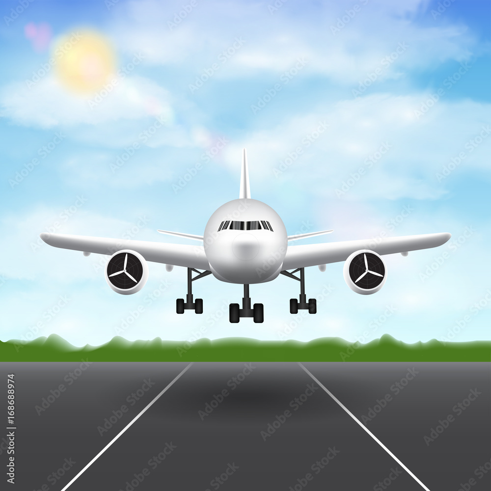 airplane landing on airport runway sky background