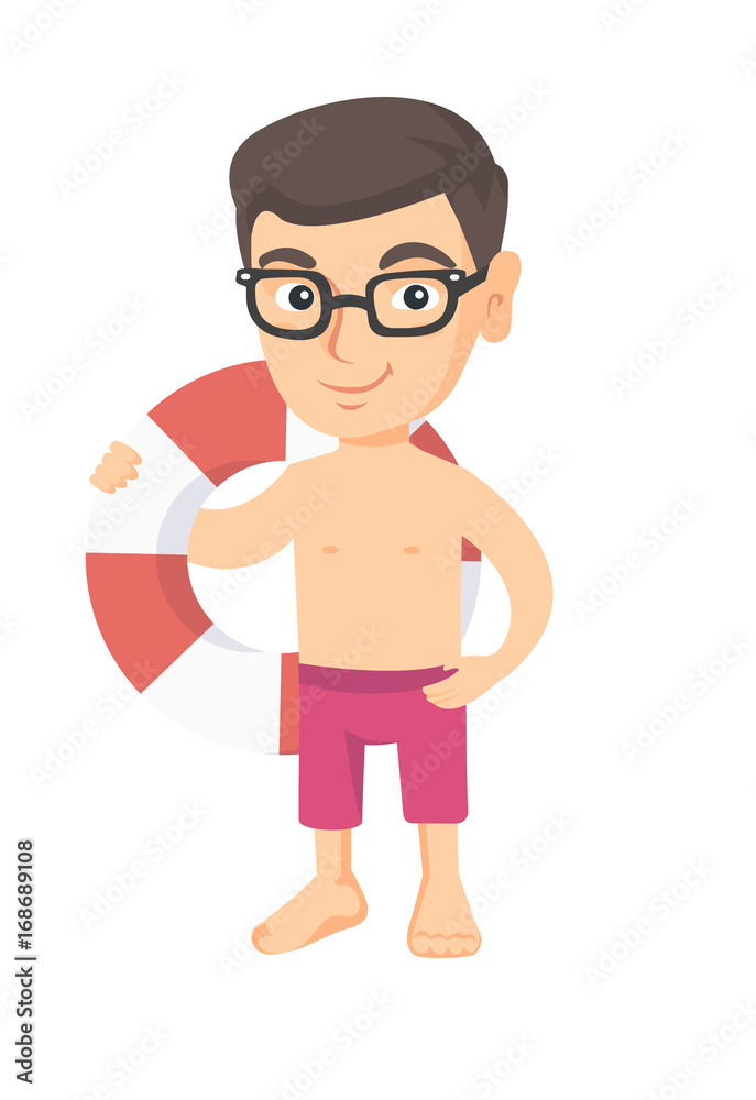 Little caucasian boy in shorts holding a red-white lifebuoy. Smiling boy standing with lifebuoy. Boy is going to swim with lifebuoy. Vector sketch cartoon illustration isolated on white background. Little caucasian boy in shorts holding a red-white lifebuoy. Smiling boy standing with lifebuoy. Boy is going to swim with lifebuoy. Vector sketch cartoon illustration isolated on white background.