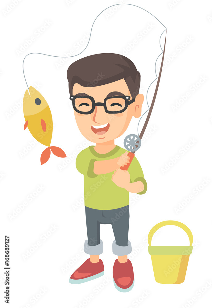Cheerful caucasian little boy fishing. Smiling boy standing near