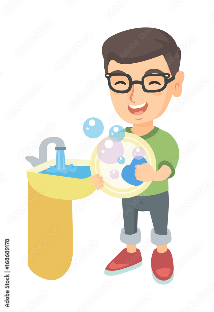 Happy little caucasian boy washing dishes in the sink. Smiling boy doing dishes and having fun with helping his parents with housework. Vector sketch cartoon illustration isolated on white background.