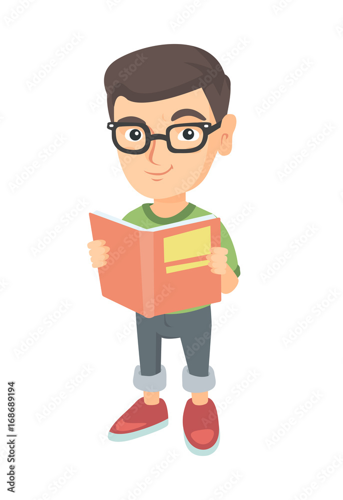 Little caucasian schoolboy reading a book. Smiling schoolboy in glasses holding a story book in hands. Concept of education. Vector sketch cartoon illustration isolated on white background.