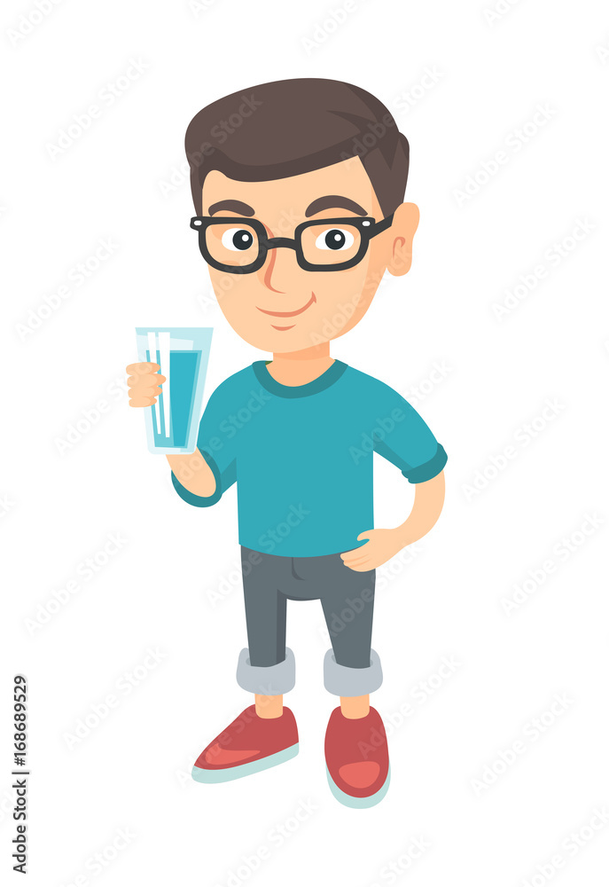 Little caucasian boy holding a glass of water in his hand. Smiling boy in glasses with water in a glass. Boy drinking water. Vector sketch cartoon illustration isolated on white background.