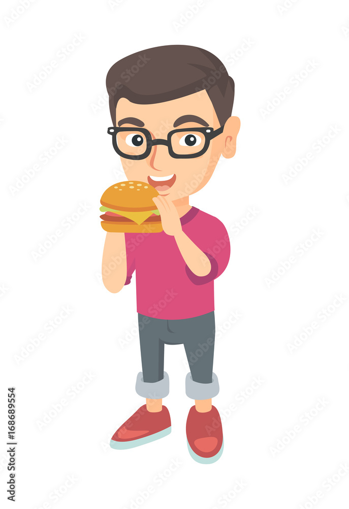 Little caucasian boy eating a hamburger with appetite. Cheerful boy in glasses holding a big hamburger. Vector sketch cartoon illustration isolated on white background.