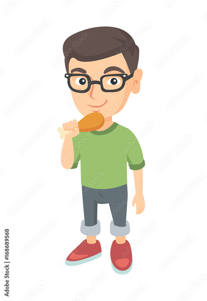 Caucasian boy eating roasted chicken leg. Little boy eating fried chicken leg. Full length of happy child holding a chicken drumstick. Vector sketch cartoon illustration isolated on white background.