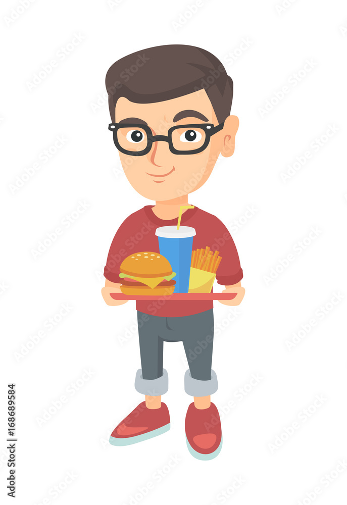 Little caucasian boy in glasses holding a tray with fast food. Smiling boy eating cheeseburger with french fries and soda. Vector sketch cartoon illustration isolated on white background.