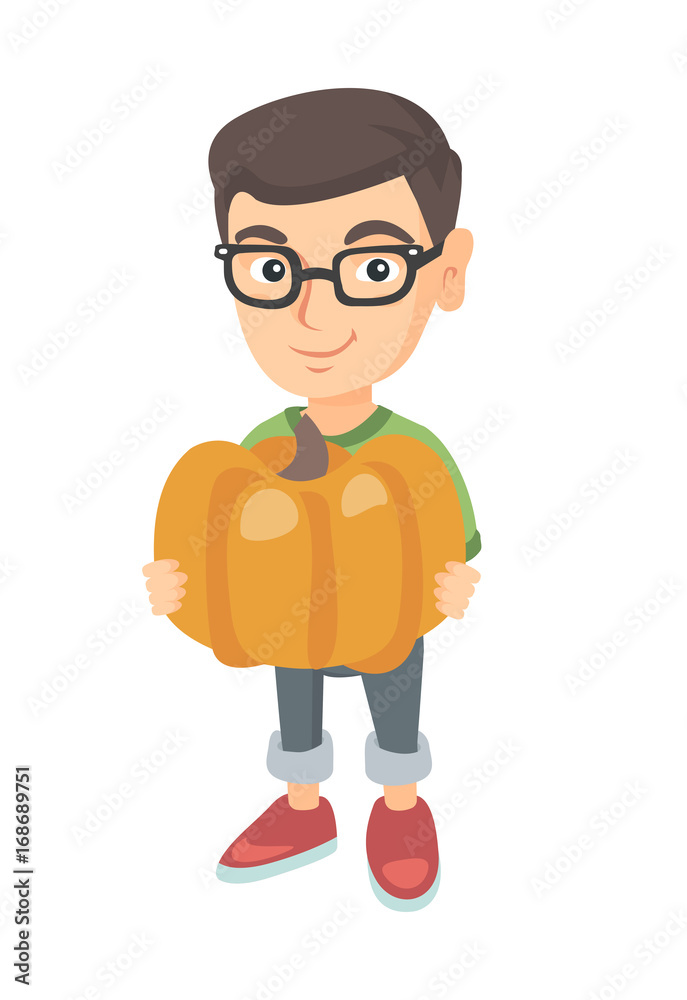 Cheerful caucasian boy in glasses standing with a big orange pumpkin in hands. Happy smiling boy picking a pumpkin for Halloween. Vector sketch cartoon illustration isolated on white background.
