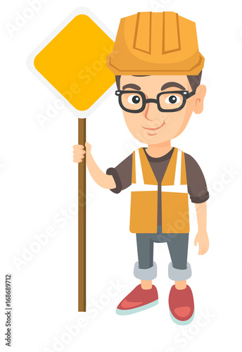 Little caucasian builder boy holding road sign. Smiling boy in a builder reflective vest and hard hat standing near road sign. Vector sketch cartoon illustration isolated on white background.