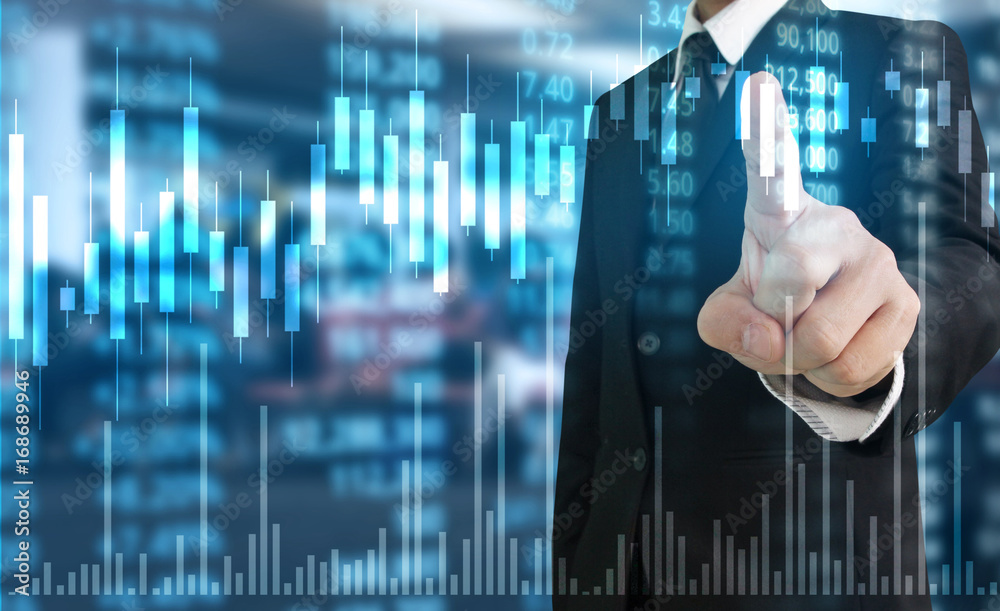hand with stock financial chart symbols coming from hand hand with stock financial chart symbols coming from hand