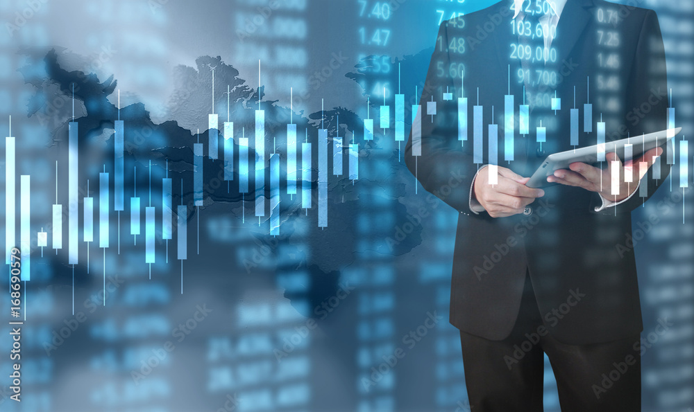 hand with stock financial chart symbols coming from hand hand with stock financial chart symbols coming from hand