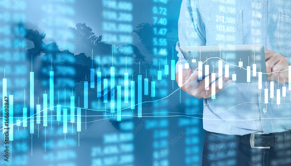 hand with stock financial chart symbols coming from hand