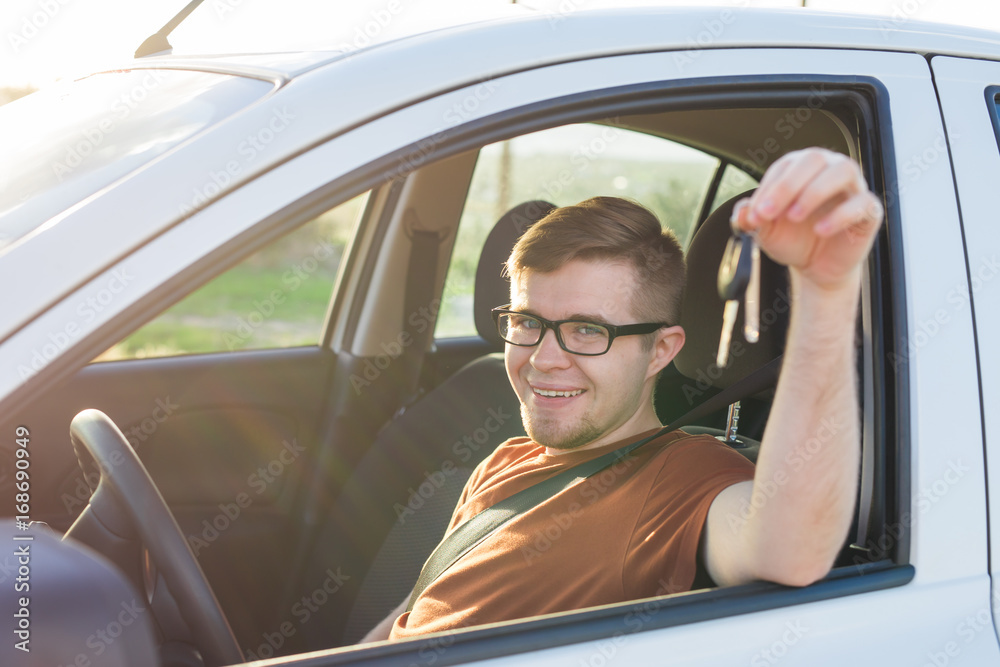 Naklejka premium Happy customer just bought a car at car dealership.