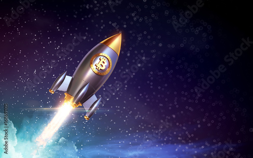 Bitcoin rocket launcher, cryptocurrency concept. The growth rate of the gold coin for designers and illustrators. Gold piece appreciation in the form. 3d render