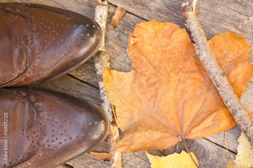 brown shoes and leaves on wooden background. Autumn background