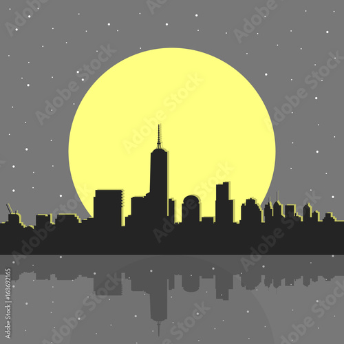 Manhattan skyline silhouette in the night with stars and super moon.  
